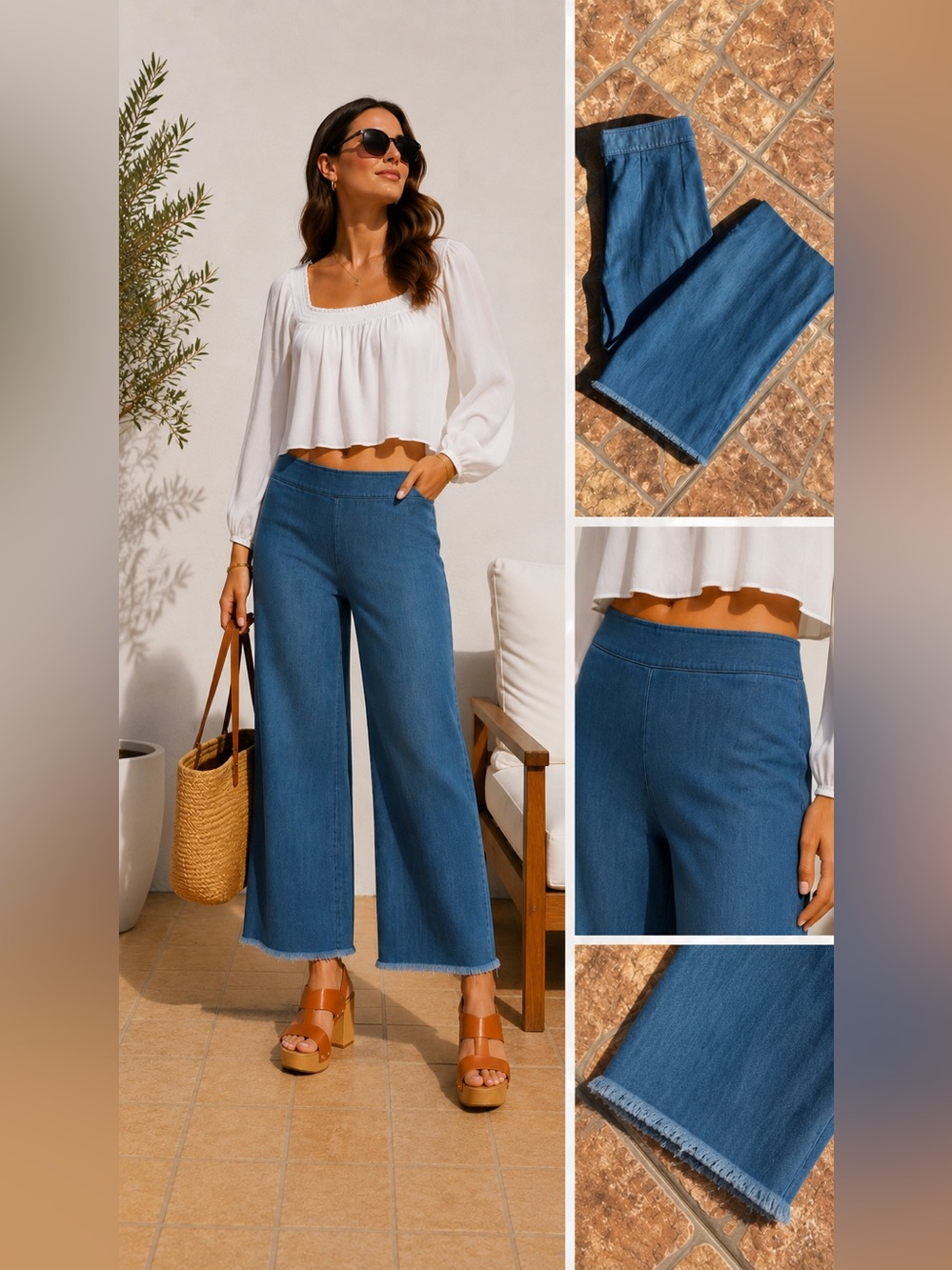 Akris Punto Blue Wide Leg Cropped Jeans Size 8 Side Zip Frayed Hem Denim